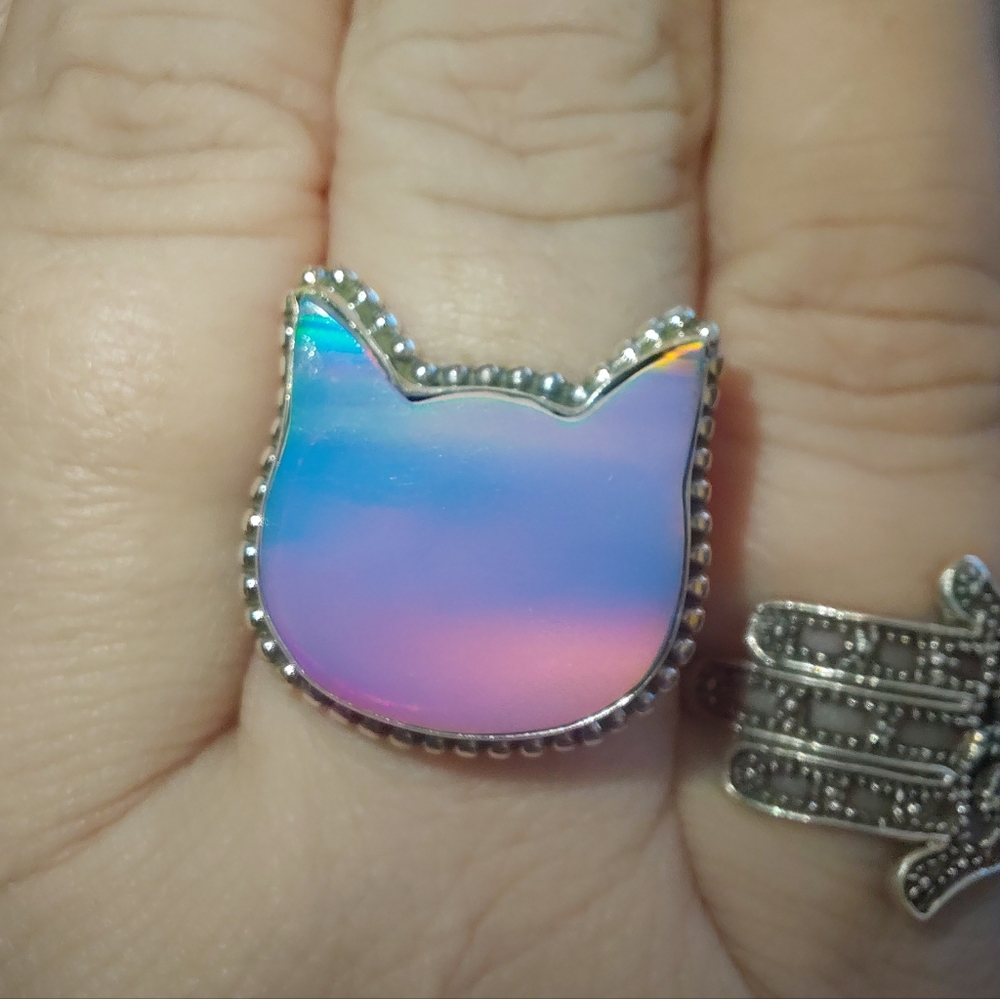 Iridescent Aurora Opal Cat Silhouette Silver Ring